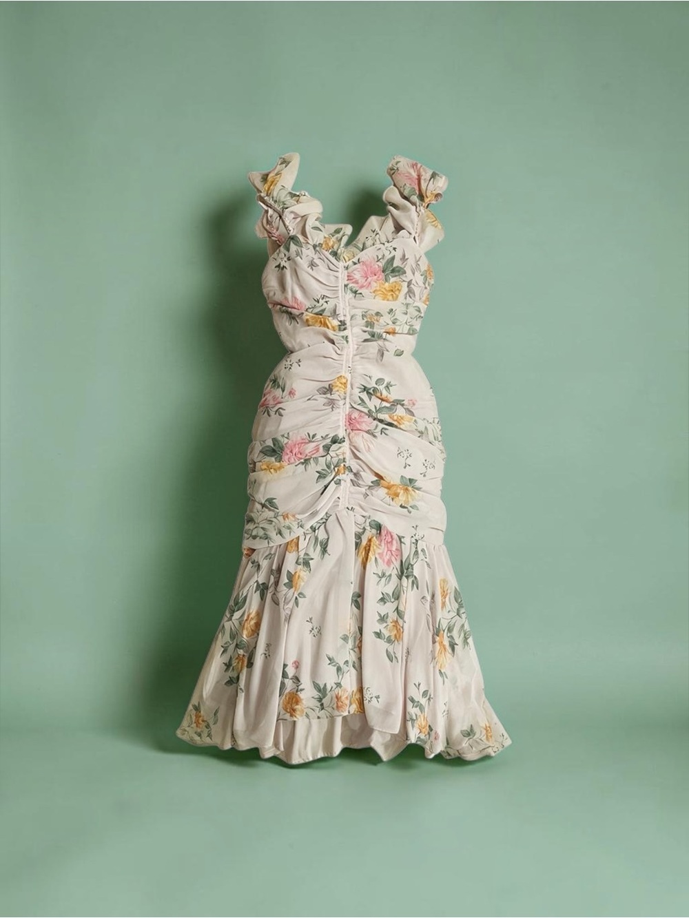 Astr Cream Floral Ruched Midi Dress with Pink & Yellow Blooms
